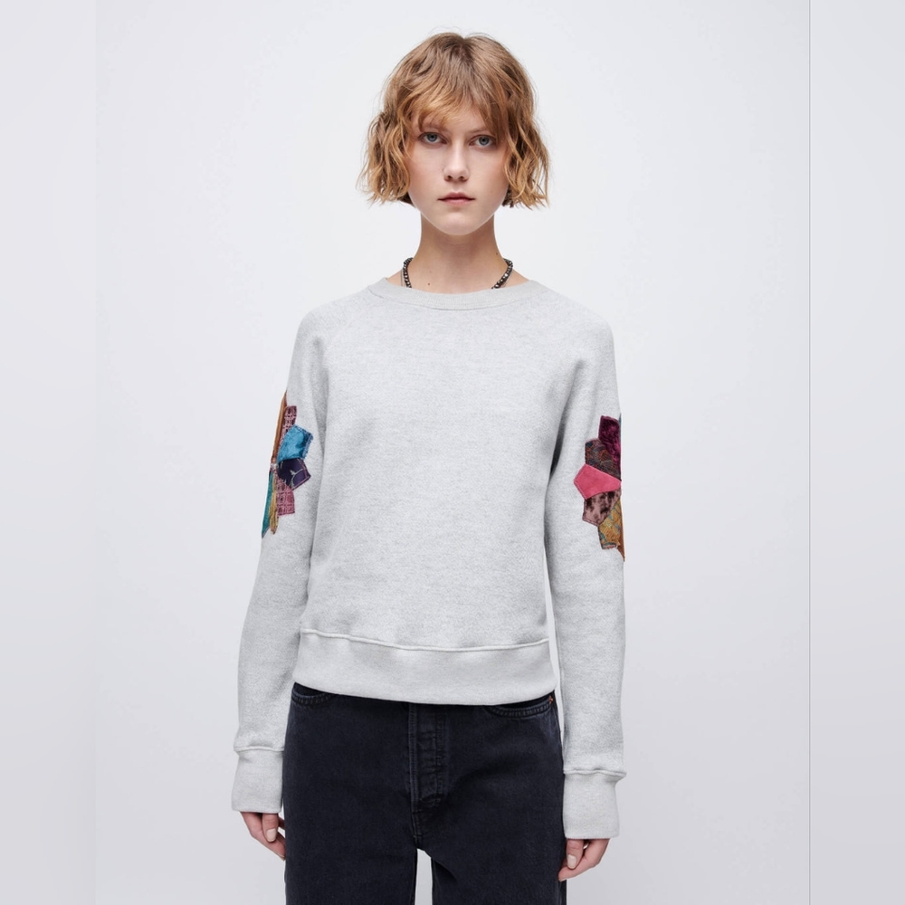 Re/done Classic Raglan Crewneck in Heather Grey Patchwork Size XS